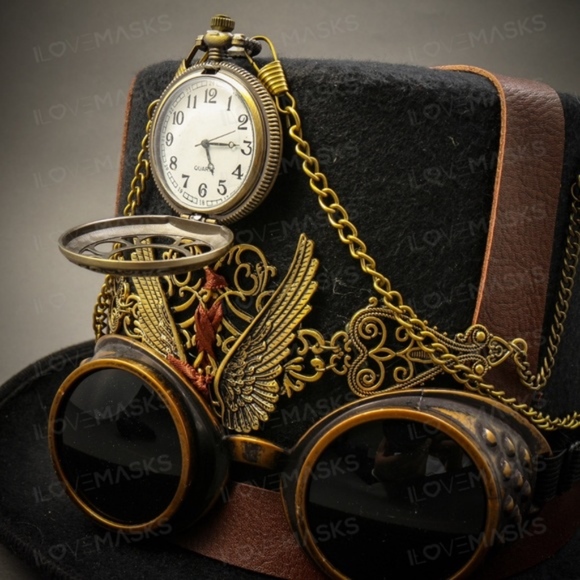 Steampunk Burning Man Top Hat with Goggles & Watch - Picture 4 of 5
